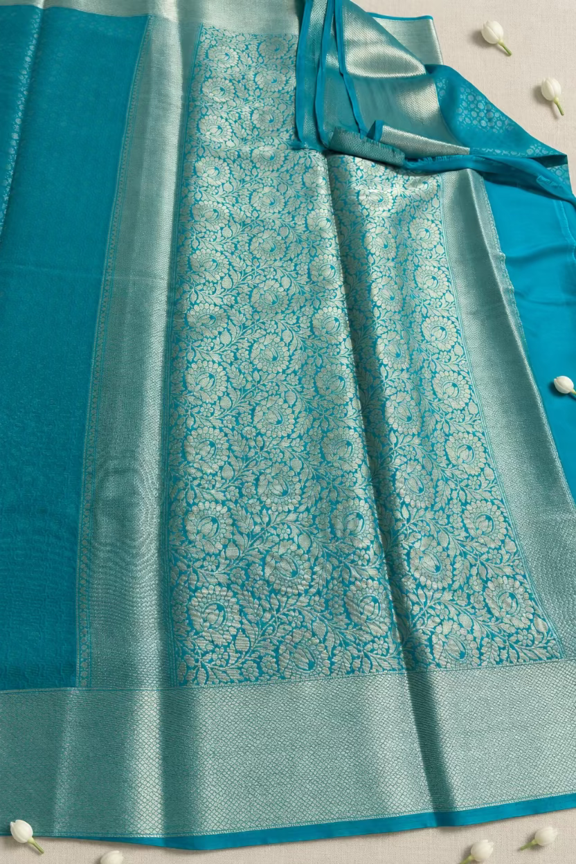Turquoise Blue Chinnon Crepe Silk
